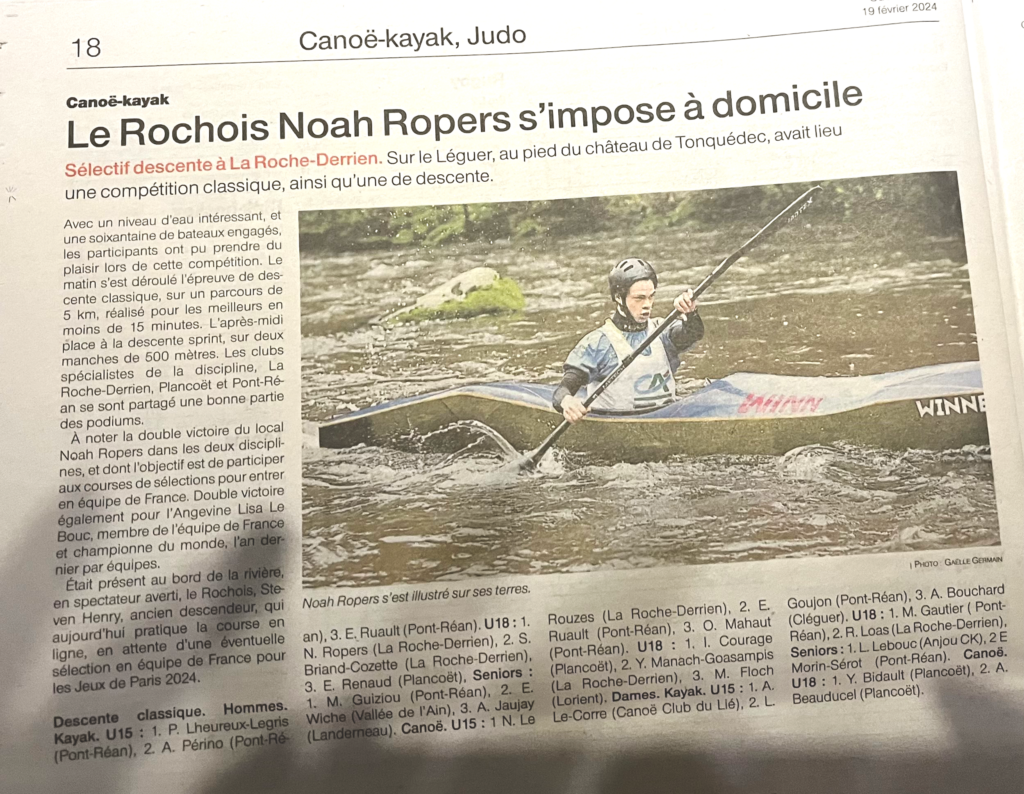 Coupure de journal de  l'article intitulé "Le Rochois Noah Ropers s'impose à domicile", source Journal Ouest-France
