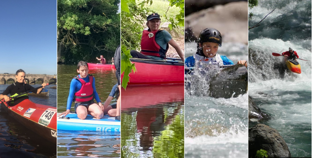 Mosaïque de 5 photos verticale présentant de gauche à droite, une kayakiste en kayak de descente rouge avec le pont de Pont-Réan en arrière-plan. Un jeune agenouillé sur un paddle géant de 10 places. Une céiste, amatrice de canoë  à l'ombre des arbres qui donne sur l'eau. Un jeune compétiteur concentré dans son kayak fendant les eaux tumultueuses. Un kayak de haute-rivière sautant un rapide.