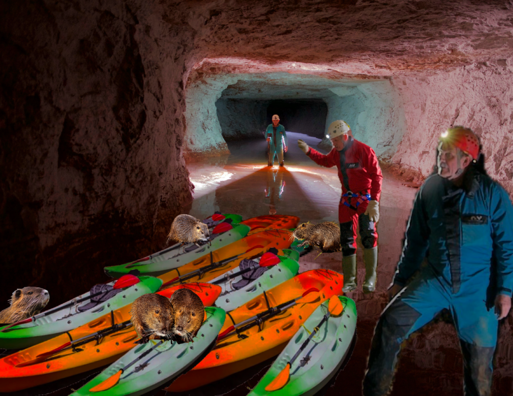 Equipe de spéléologues découvrant des kayaks dans un souterrain. Des ragondins sont dessus.