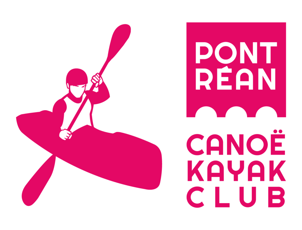 Logo rose et blanc du CKCPR représentant moitié gauche, un kayakiste avec sa double pagaie dans son kayak de descente et moitié droite le pont de Pont-Réan stylisé sur fond uni rose.